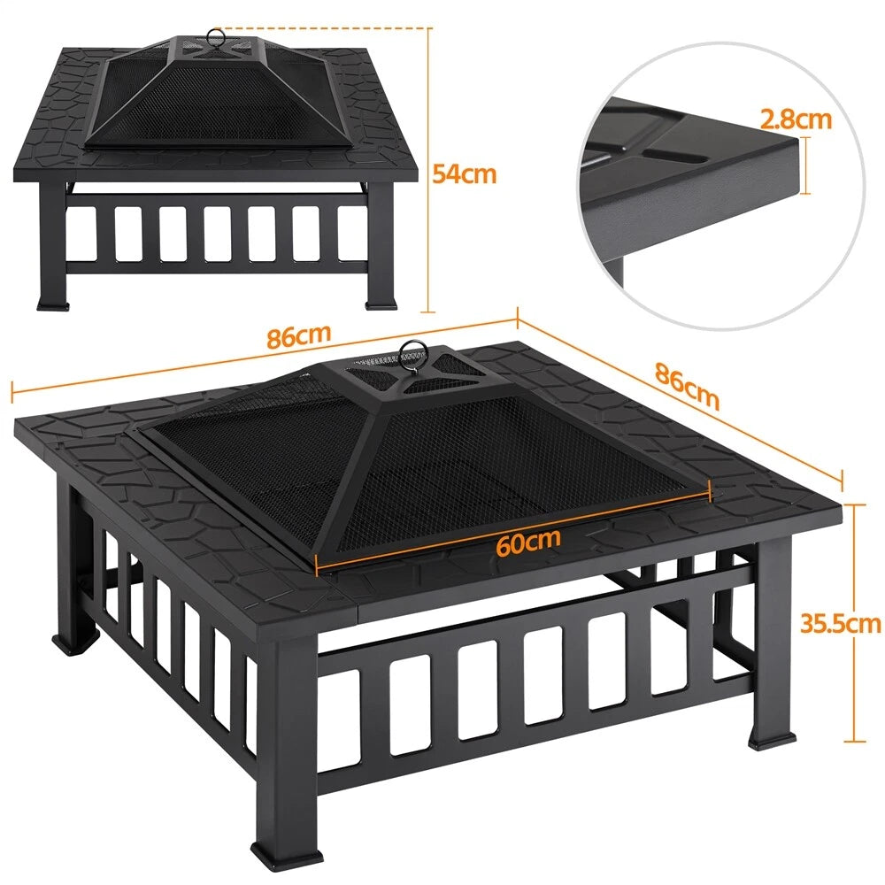 Yaheetech Vuurschaal Buiten Vierkant – Voorzien Van Vonkenscherm En Pook En Waterdichte Hoes – Voor Tuin En Terras – Zwart Metaal – 81,2 x 81,2 x 50 cm