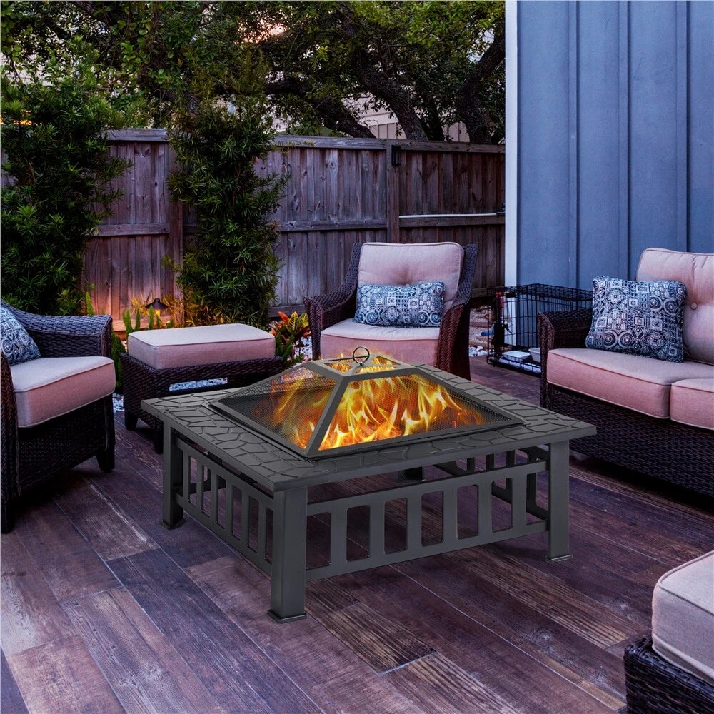 Yaheetech Vuurschaal Buiten Vierkant – Voorzien Van Vonkenscherm En Pook En Waterdichte Hoes – Voor Tuin En Terras – Zwart Metaal – 81,2 x 81,2 x 50 cm
