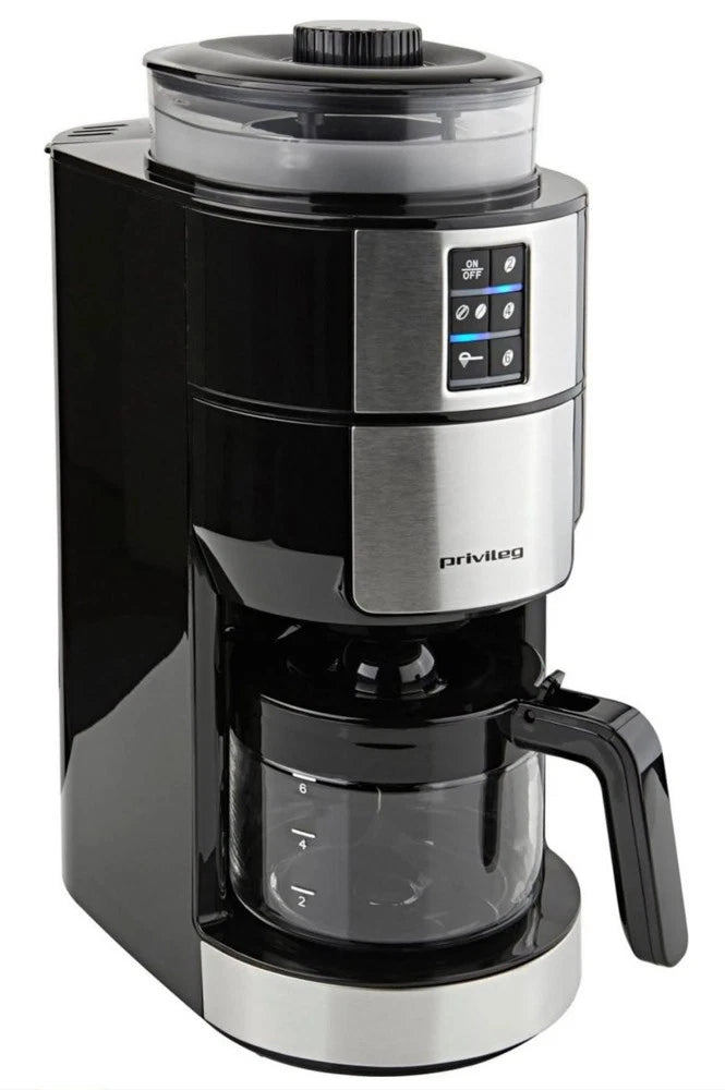 Privileg – Koffiezetapparaat met Ingebouwde Koffiemolen – Voor Koffiebonen & Gemalen Koffie – Met Digitaal Display & Timer – Exclusief Koffiekan – Zwart & Zilver Kunststof