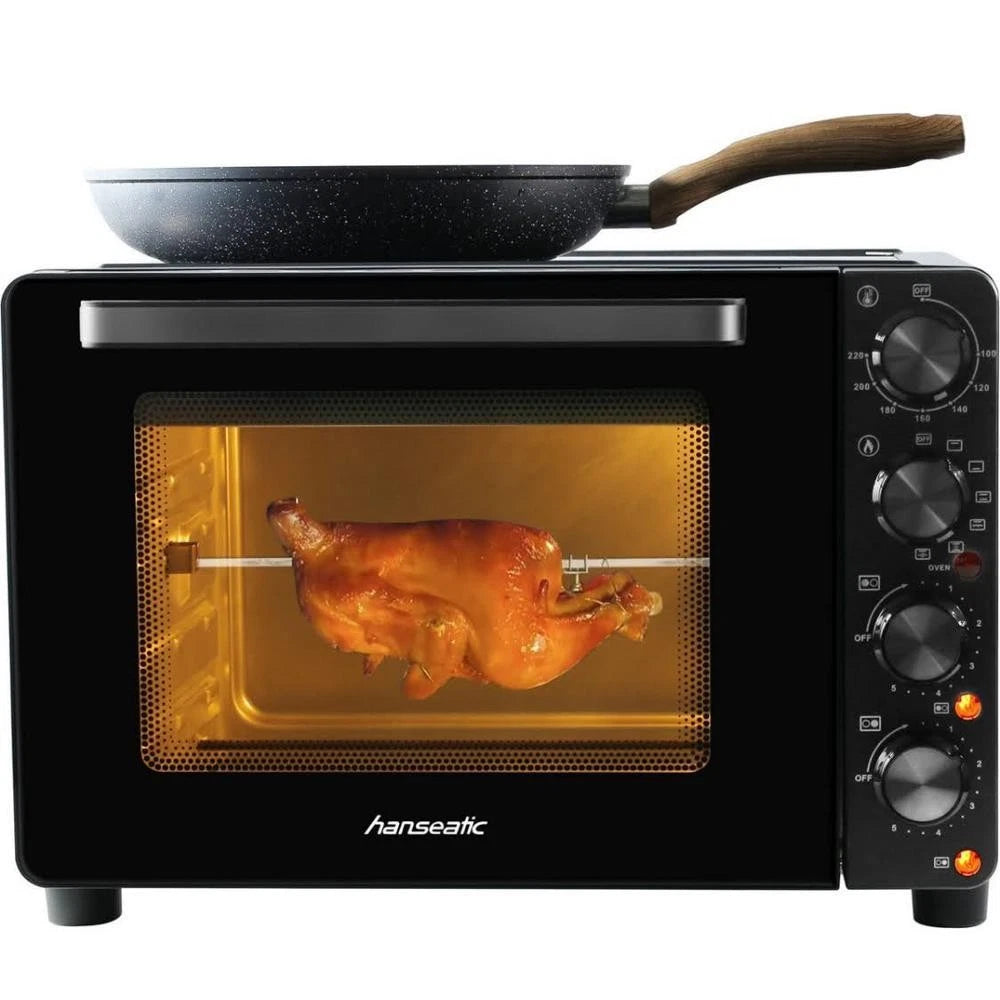 Hanseatic – Multi-Oven met 2 Keramische Kookplaten – 28 Liter & 3100 Watt – Met Boven- en Onderwarmte & Grillfunctie – Compacte Bakoven – Zwart Metaal & Glas
