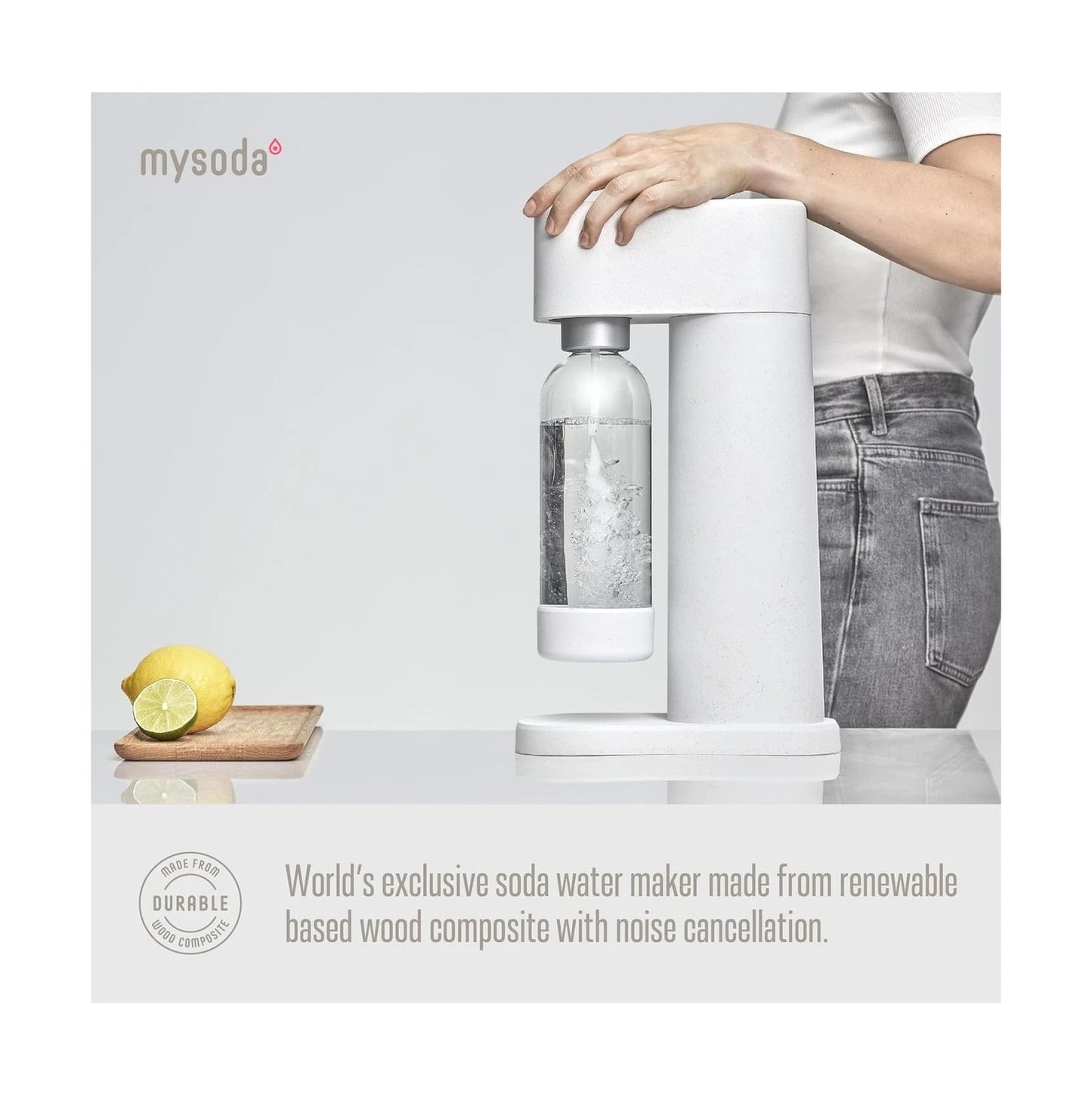 Mysoda – Woody Sparkling Water Maker & Bruiswatertoestel – 1 Liter – Stil Mechanisme & Quick-Lock Systeem – Exclusief CO2 Cilinder – Wit Houtcomposiet