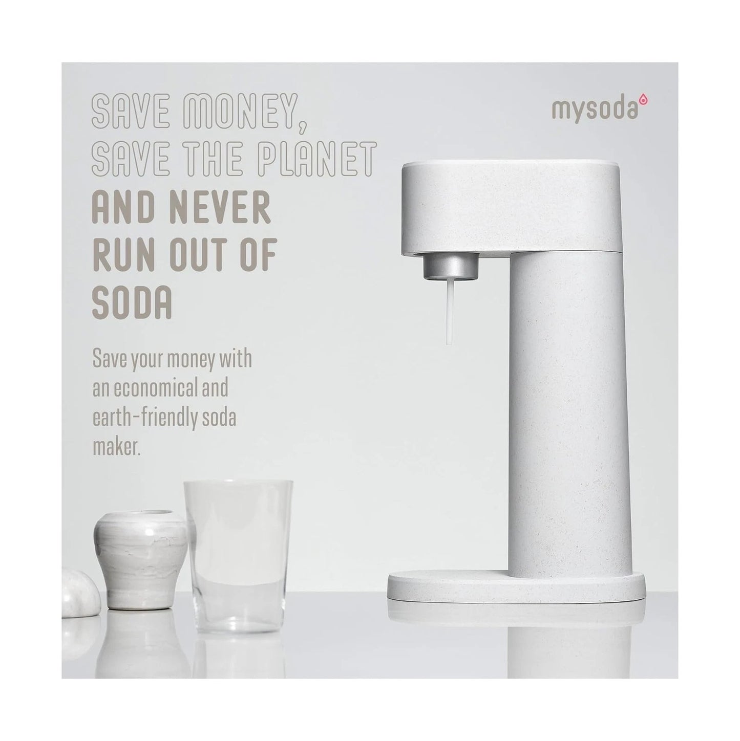Mysoda – Woody Sparkling Water Maker & Bruiswatertoestel – 1 Liter – Stil Mechanisme & Quick-Lock Systeem – Exclusief CO2 Cilinder – Wit Houtcomposiet