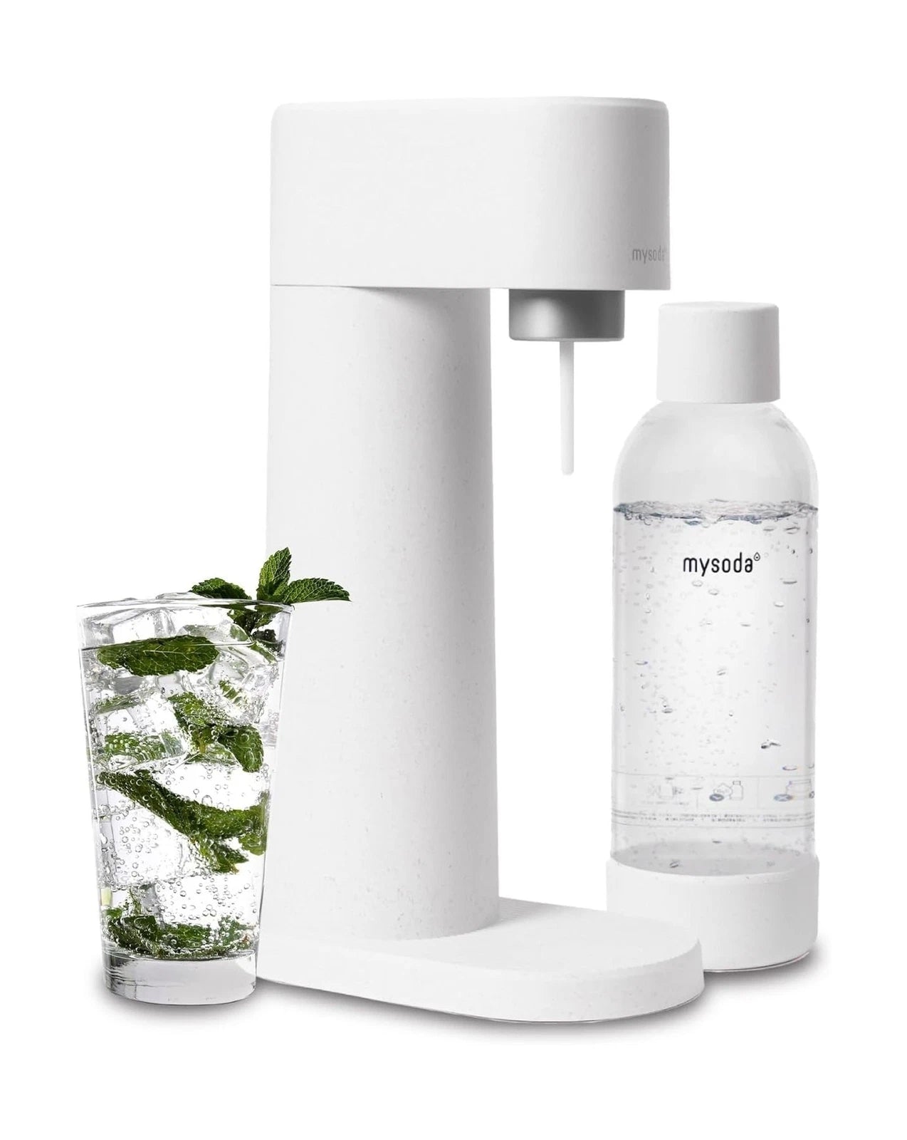 Mysoda – Woody Sparkling Water Maker & Bruiswatertoestel – 1 Liter – Stil Mechanisme & Quick-Lock Systeem – Exclusief CO2 Cilinder – Wit Houtcomposiet
