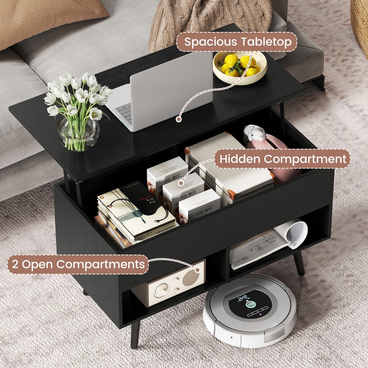 Coast Salontafel met Verhoogd Blad – In Hoogte Verstelbare Moderne Woonkamertafel – 80 x 40 x 46–60 cm – Zwart