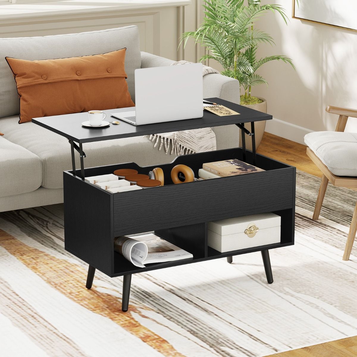 Coast Salontafel met Verhoogd Blad – In Hoogte Verstelbare Moderne Woonkamertafel – 80 x 40 x 46–60 cm – Zwart
