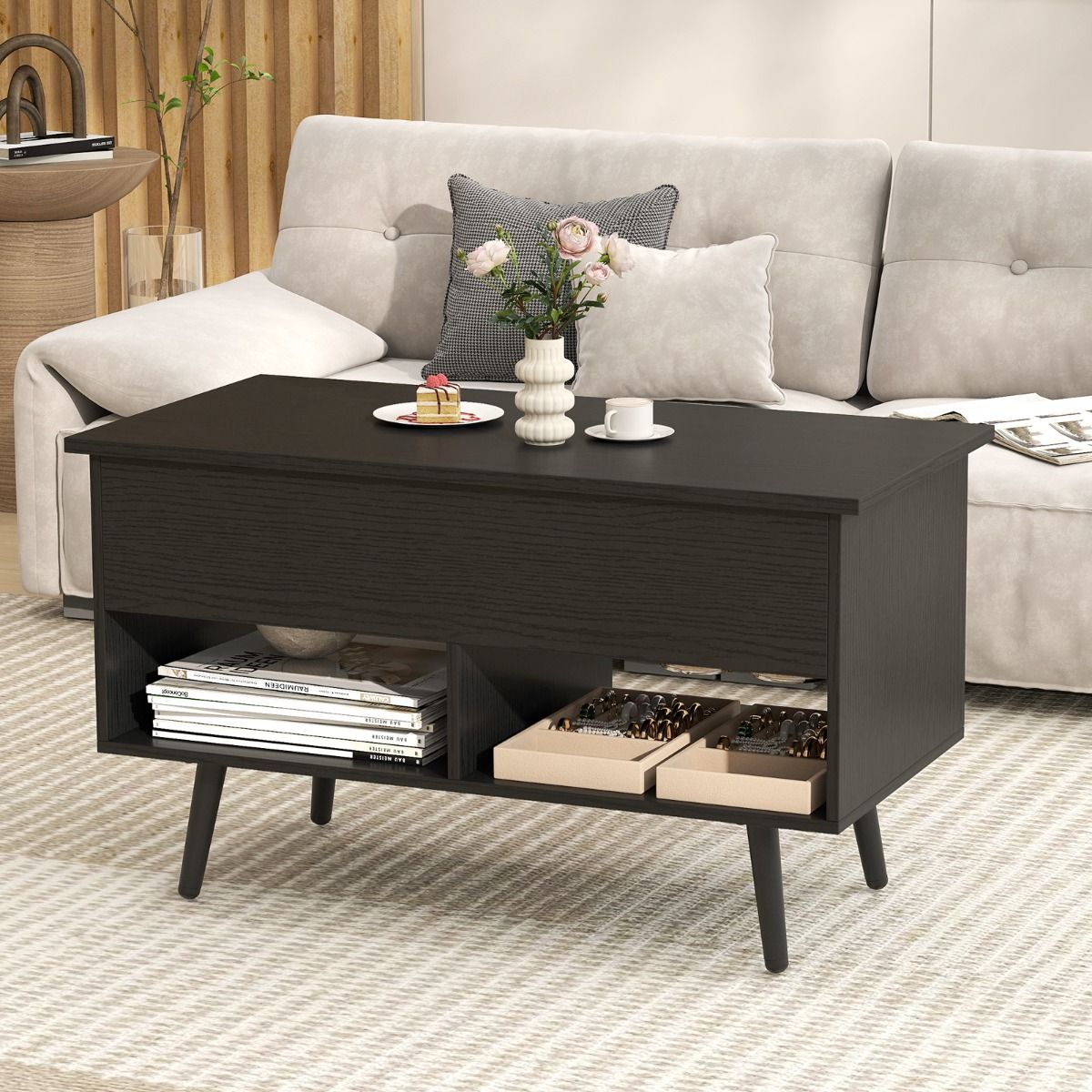 Coast Salontafel met Verhoogd Blad – In Hoogte Verstelbare Moderne Woonkamertafel – 80 x 40 x 46–60 cm – Zwart