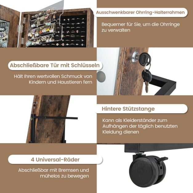 Coast Sieradenkast Bruin – 4-in-1 Spiegelkast op Wielen met 3-Kleuren LED en Verstelbare Hoogte – 46 x 35 x 155-175 cm