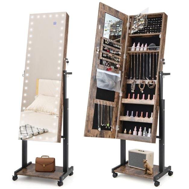 Coast Sieradenkast Bruin – 4-in-1 Spiegelkast op Wielen met 3-Kleuren LED en Verstelbare Hoogte – 46 x 35 x 155-175 cm
