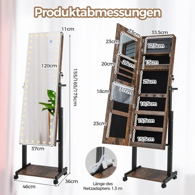 Coast Sieradenkast Bruin – 4-in-1 Spiegelkast op Wielen met 3-Kleuren LED en Verstelbare Hoogte – 46 x 35 x 155-175 cm