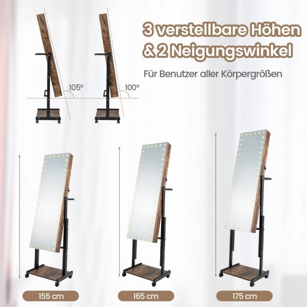 Coast Sieradenkast Bruin – 4-in-1 Spiegelkast op Wielen met 3-Kleuren LED en Verstelbare Hoogte – 46 x 35 x 155-175 cm