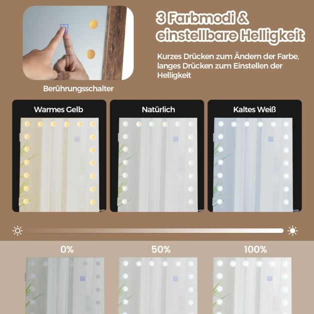 Coast Sieradenkast Bruin – 4-in-1 Spiegelkast op Wielen met 3-Kleuren LED en Verstelbare Hoogte – 46 x 35 x 155-175 cm