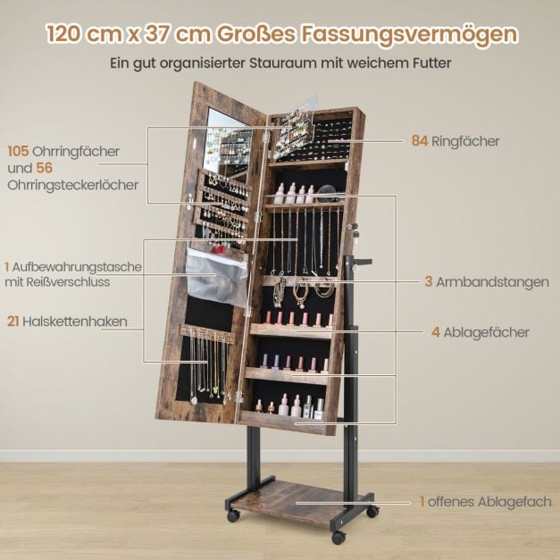 Coast Sieradenkast Bruin – 4-in-1 Spiegelkast op Wielen met 3-Kleuren LED en Verstelbare Hoogte – 46 x 35 x 155-175 cm