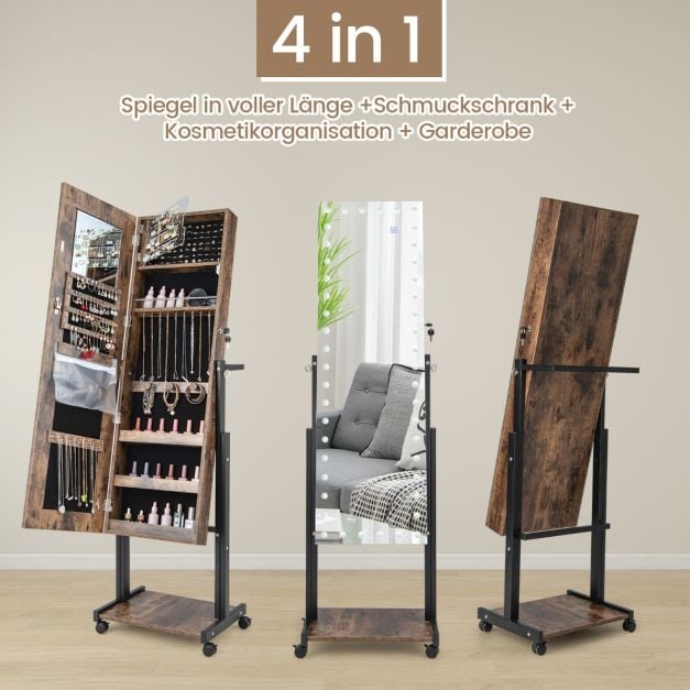 Coast Sieradenkast Bruin – 4-in-1 Spiegelkast op Wielen met 3-Kleuren LED en Verstelbare Hoogte – 46 x 35 x 155-175 cm