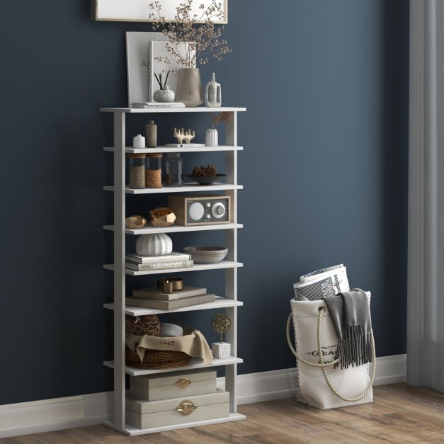 Stijlvol Schoenenrek met 7 Niveaus – Dubbele Rij – Compact en Ruimtebesparend – 47 x 25,5 x 110 cm – Wit