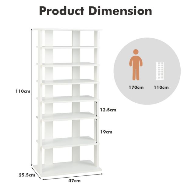 Stijlvol Schoenenrek met 7 Niveaus – Dubbele Rij – Compact en Ruimtebesparend – 47 x 25,5 x 110 cm – Wit