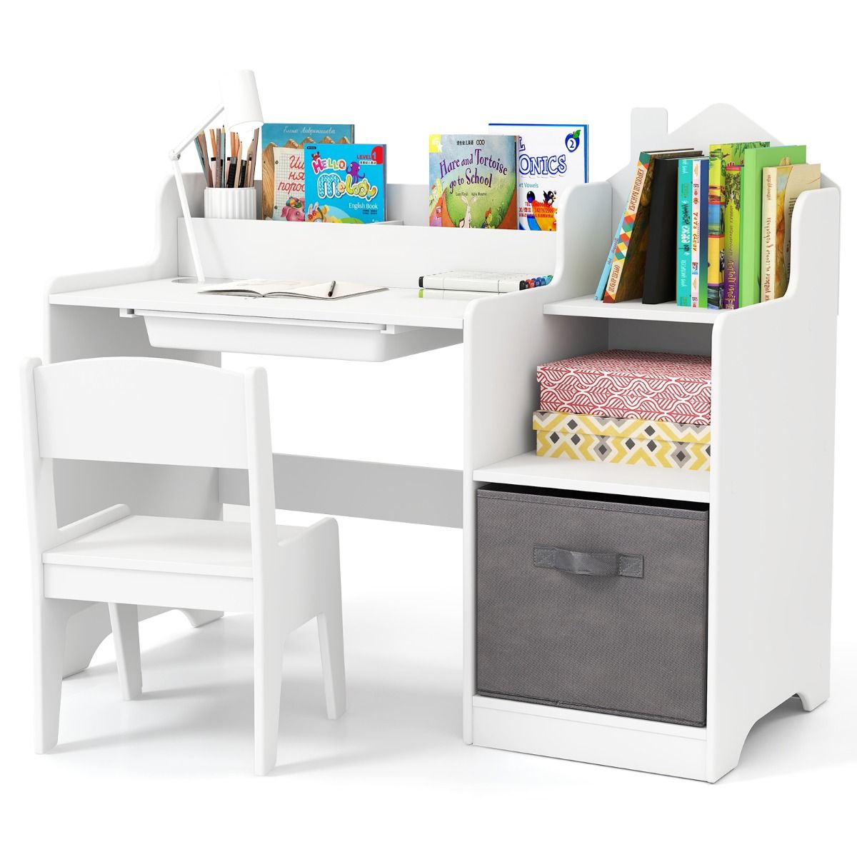 Coast Kinderbureau met Stoel en Opbergvakken – Wit – 94 x 40 x 76,5 cm