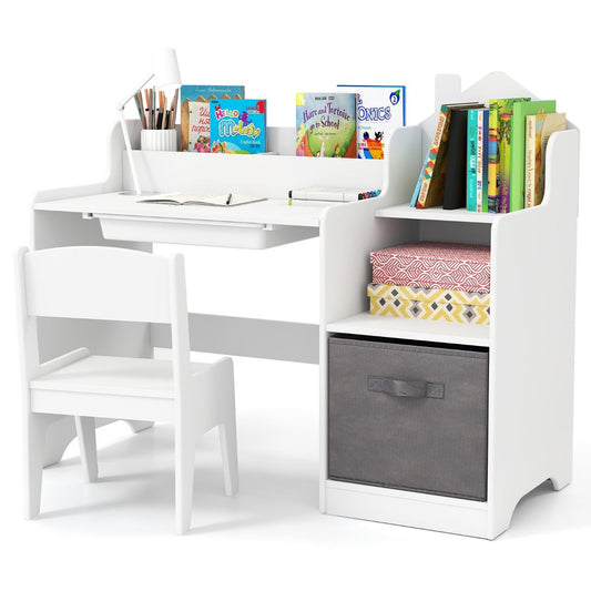 Coast Kinderbureau met Stoel en Opbergvakken – Wit – 94 x 40 x 76,5 cm