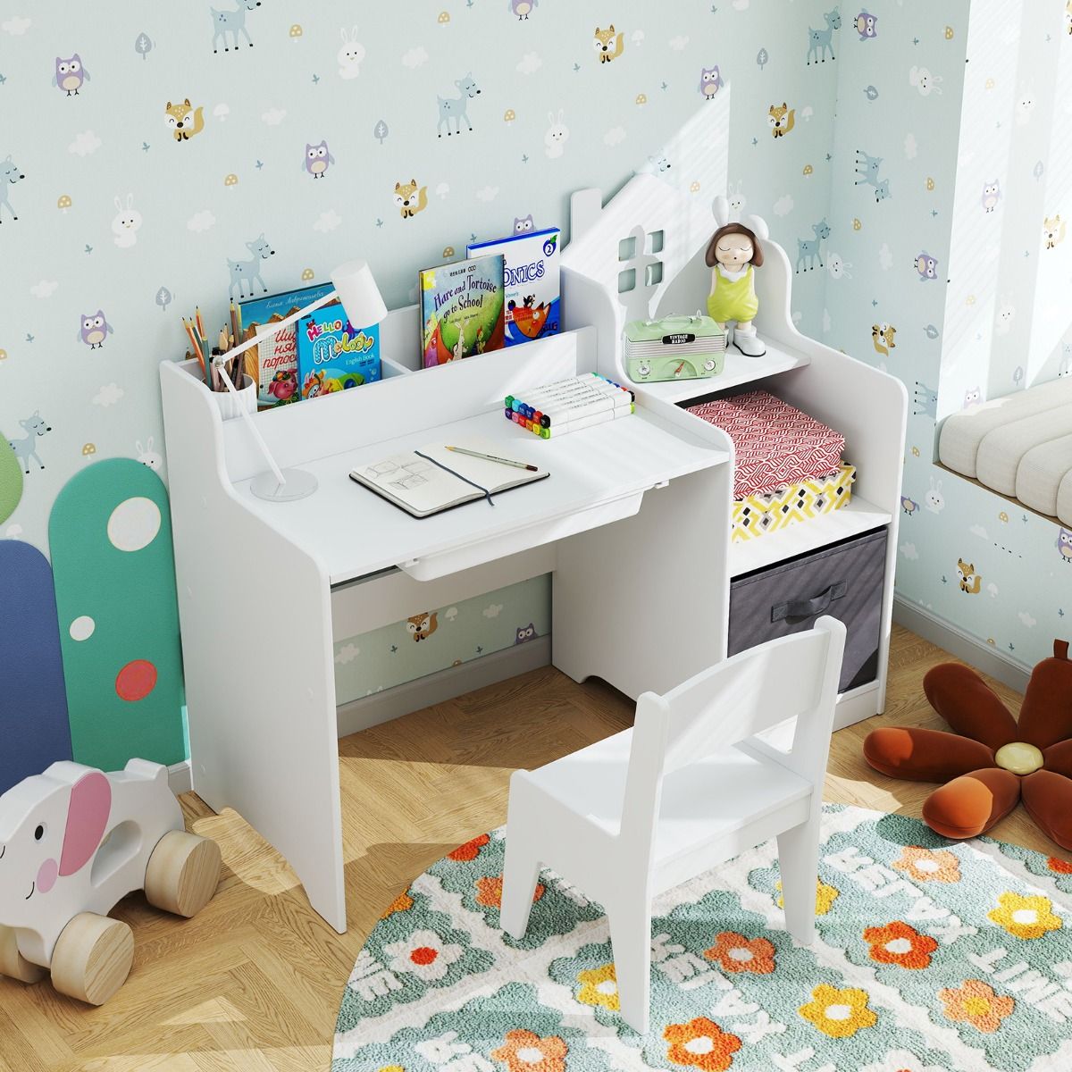 Coast Kinderbureau met Stoel en Opbergvakken – Wit – 94 x 40 x 76,5 cm