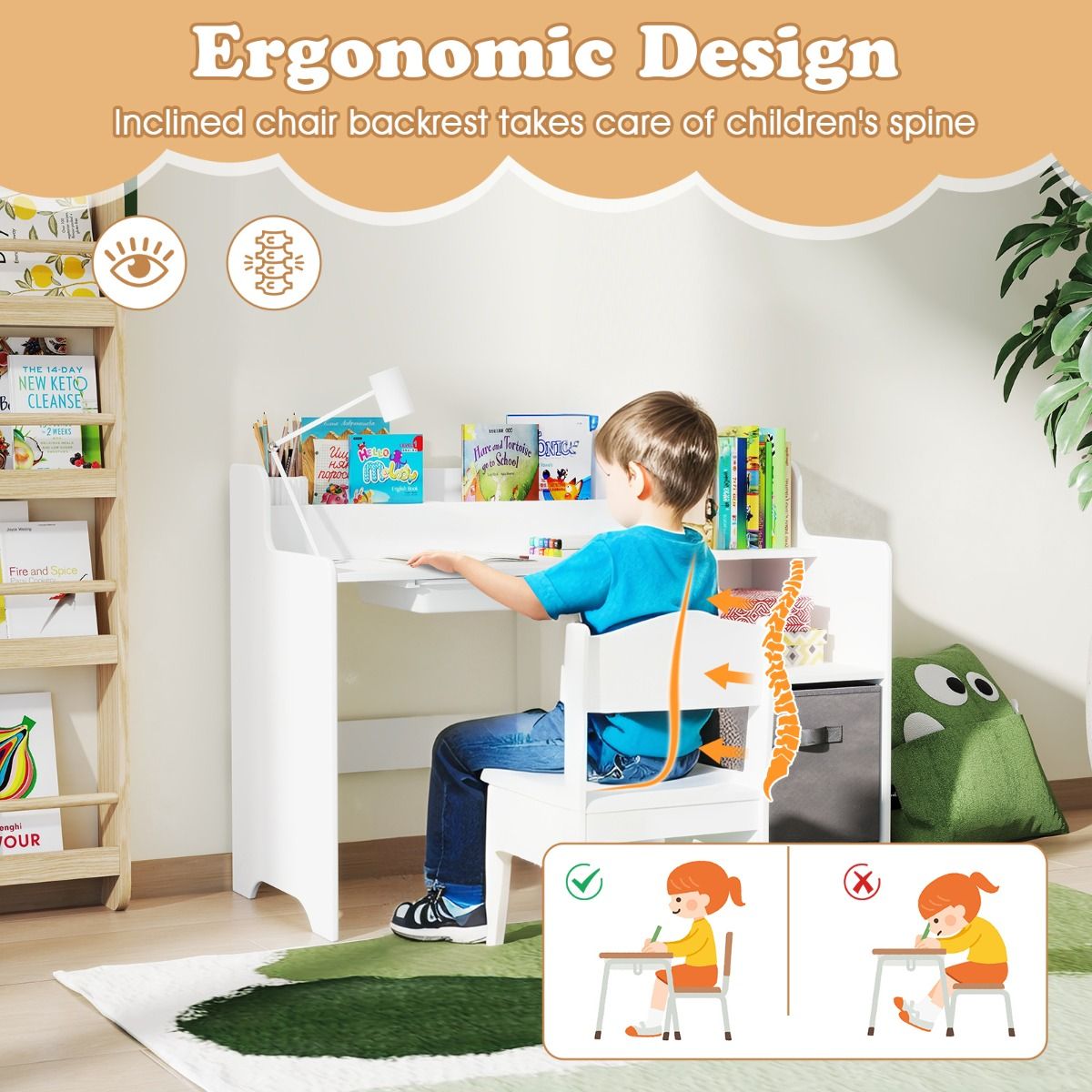 Coast Kinderbureau met Stoel en Opbergvakken – Wit – 94 x 40 x 76,5 cm