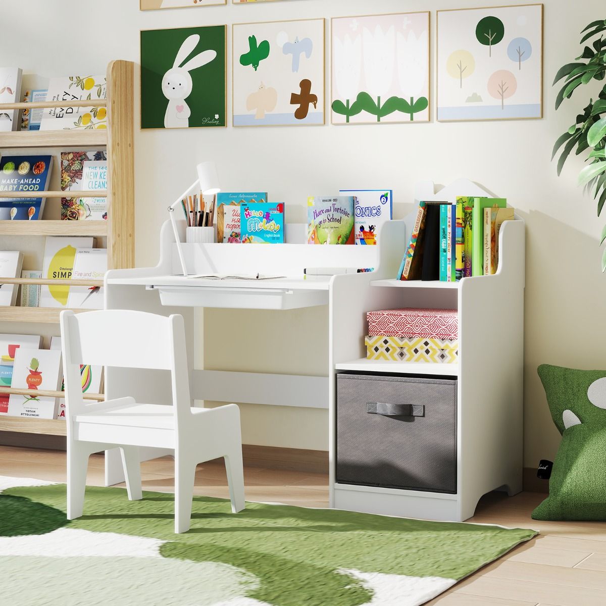 Coast Kinderbureau met Stoel en Opbergvakken – Wit – 94 x 40 x 76,5 cm