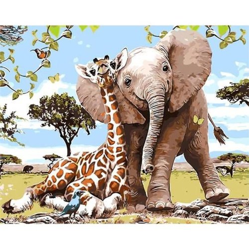Schilderen op Nummer Set 40x50 cm – Olifant & Giraf – DIY Canvas Schilderij – Creatieve Hobby & Wanddecoratie