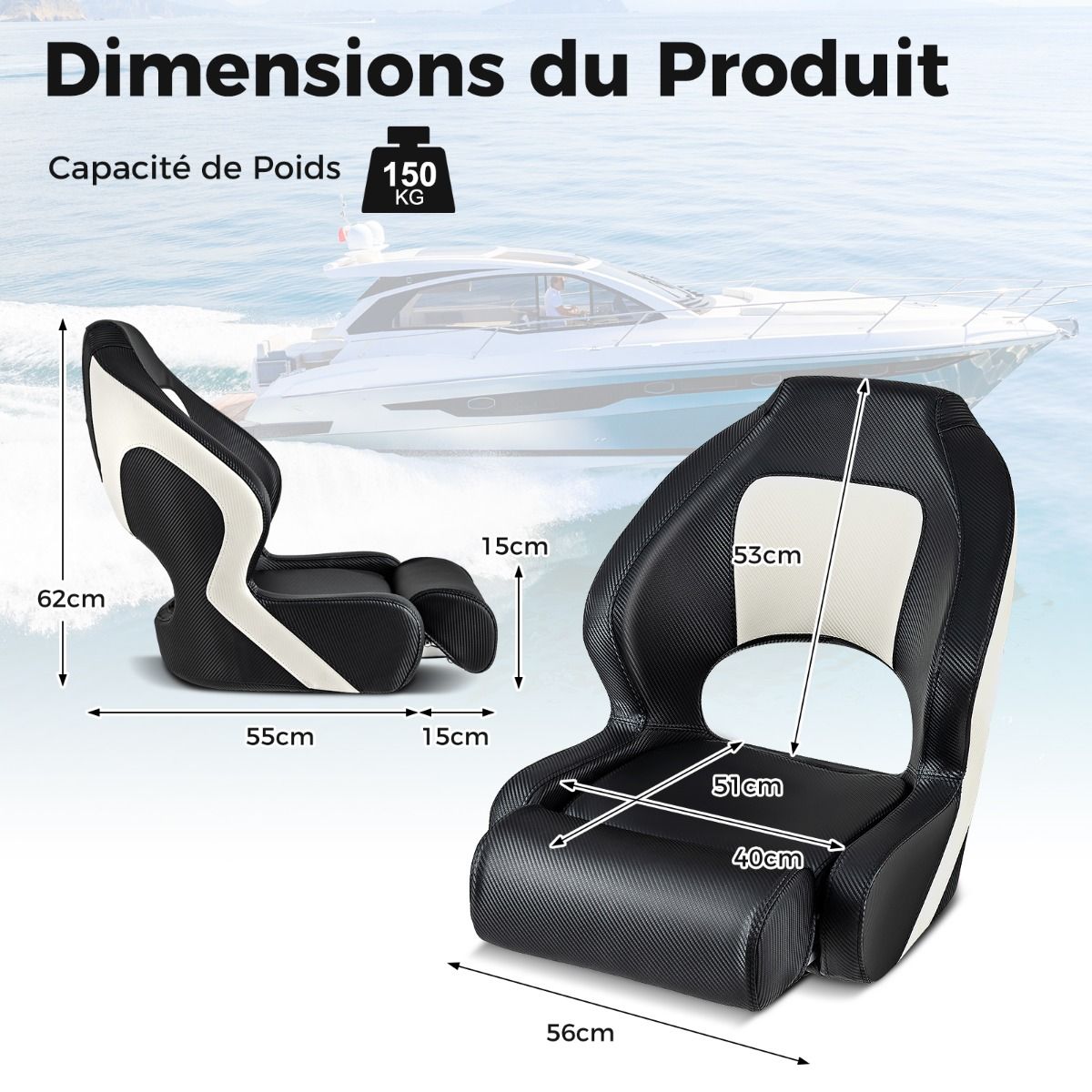 Coast Kuipstoel voor Boot - PVC-Leer - Ergonomisch - Max. 150 kg - 56 x 70 x 62 cm - Zwart / Wit