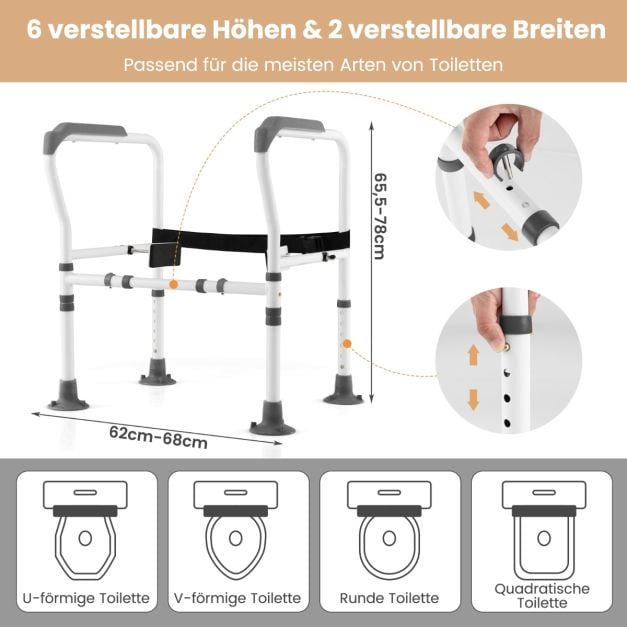 Coast Toiletsteun Grijs/Wit – Verstelbare en Opvouwbare Toiletbeugel – 62-68 x 49,5 x 65,5-78 cm