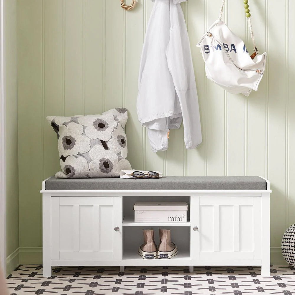 SoBuy Schoenenkast met gestoffeerd zitvlak - 2 Kasten -Landelijk - Max. 120 kg -103 x 34 x 43 cm - Wit / Grijs