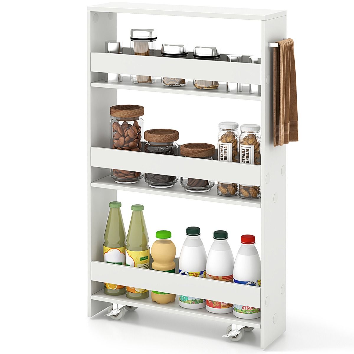 Coast Slanke Opbergwagen - 4 Niveaus - Smal - Mobiel - met Open Planken - Wit - 47,5 x 13 x 80,5 cm
