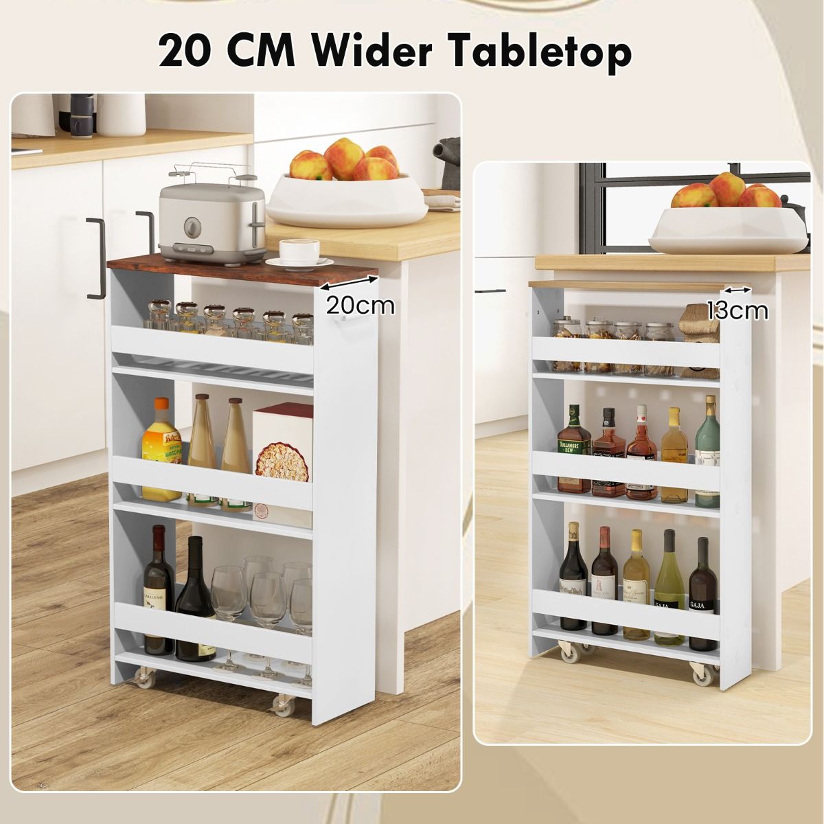 Coast Nichewagen op Wielen 4 Etages – 47,5 x 20 x 80,5 cm – Wit Smalle Keukentrolley