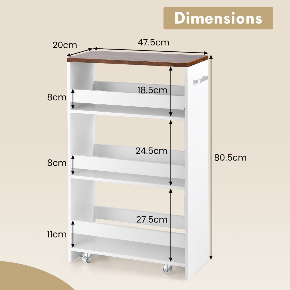 Coast Nichewagen op Wielen 4 Etages – 47,5 x 20 x 80,5 cm – Wit Smalle Keukentrolley