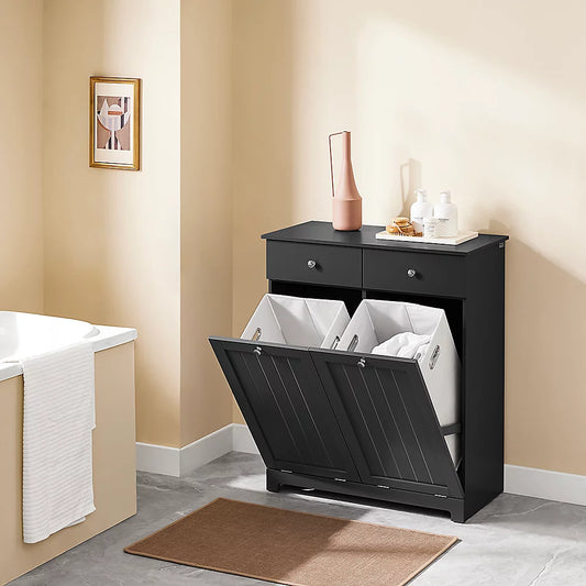 SoBuy Vrijstaande Badkamerkast Wasmandkast – Voorzien Van Twee Uitneembare Wasmandzakken En Twee Laden En Vier Siliconen Pads – Voor Badkamer En Wasruimte – Zwart Mdf En Stof – 78 x 39 x 91 cm
