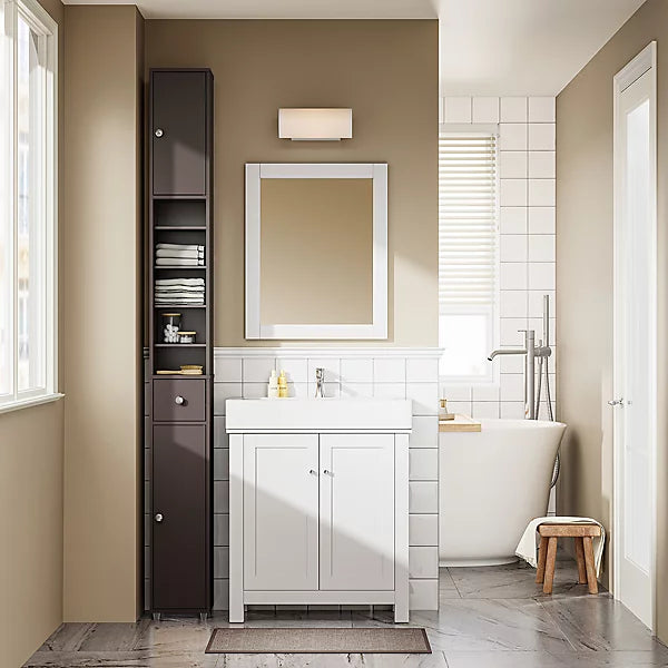 SoBuy Hoog Smal Badkamerkastje – Compacte Opbergunit met 6 Verstelbare Planken en Lade – 20x20x180 cm – Bruin