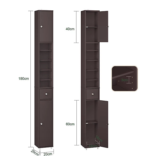 SoBuy Hoog Smal Badkamerkastje – Compacte Opbergunit met 6 Verstelbare Planken en Lade – 20x20x180 cm – Bruin