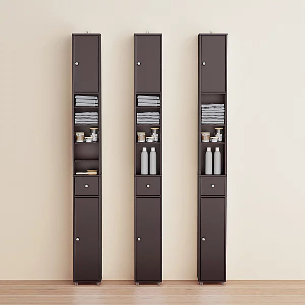 SoBuy Hoog Smal Badkamerkastje – Compacte Opbergunit met 6 Verstelbare Planken en Lade – 20x20x180 cm – Bruin