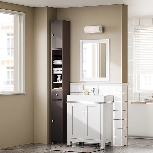 SoBuy Hoog Smal Badkamerkastje – Compacte Opbergunit met 6 Verstelbare Planken en Lade – 20x20x180 cm – Bruin