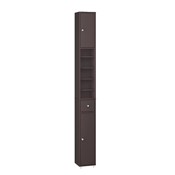 SoBuy Hoog Smal Badkamerkastje – Compacte Opbergunit met 6 Verstelbare Planken en Lade – 20x20x180 cm – Bruin