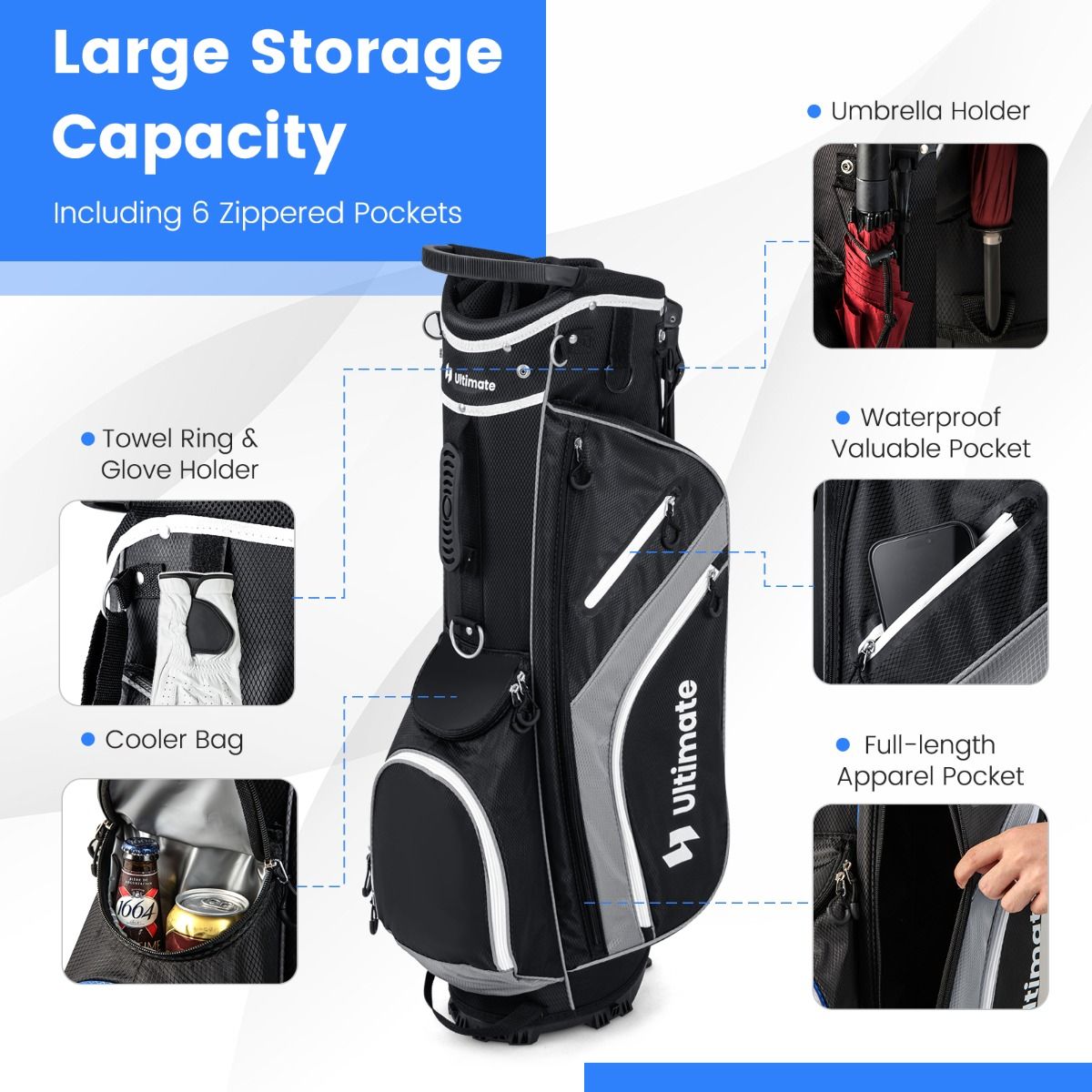 Coast Golftas 84x28x21 cm - 14-Voudige Indeling, 6 Vakken, Regenhoes & Poten - Lichtgewicht Draagtas - Grijs/Zwart