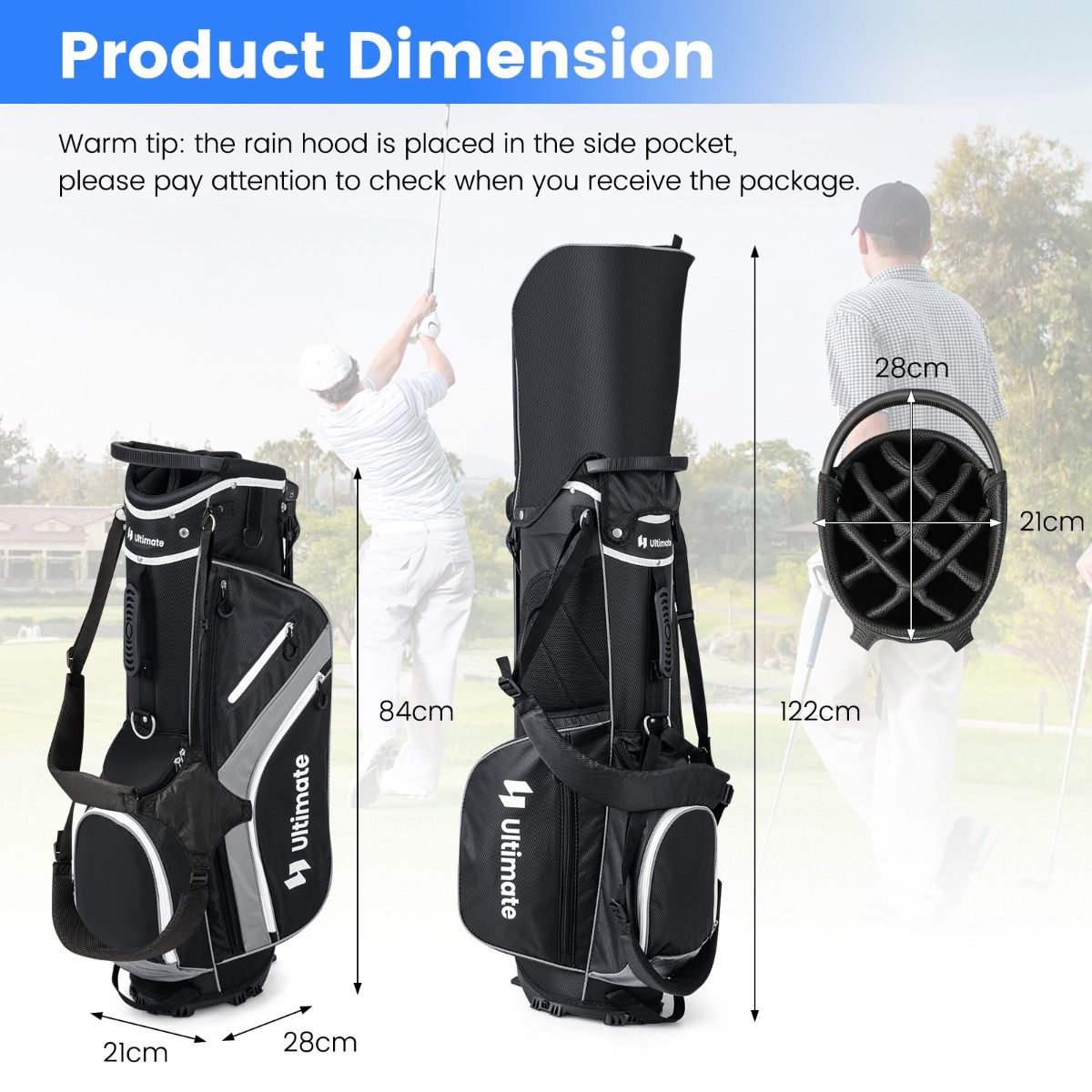 Coast Golftas 84x28x21 cm - 14-Voudige Indeling, 6 Vakken, Regenhoes & Poten - Lichtgewicht Draagtas - Grijs/Zwart