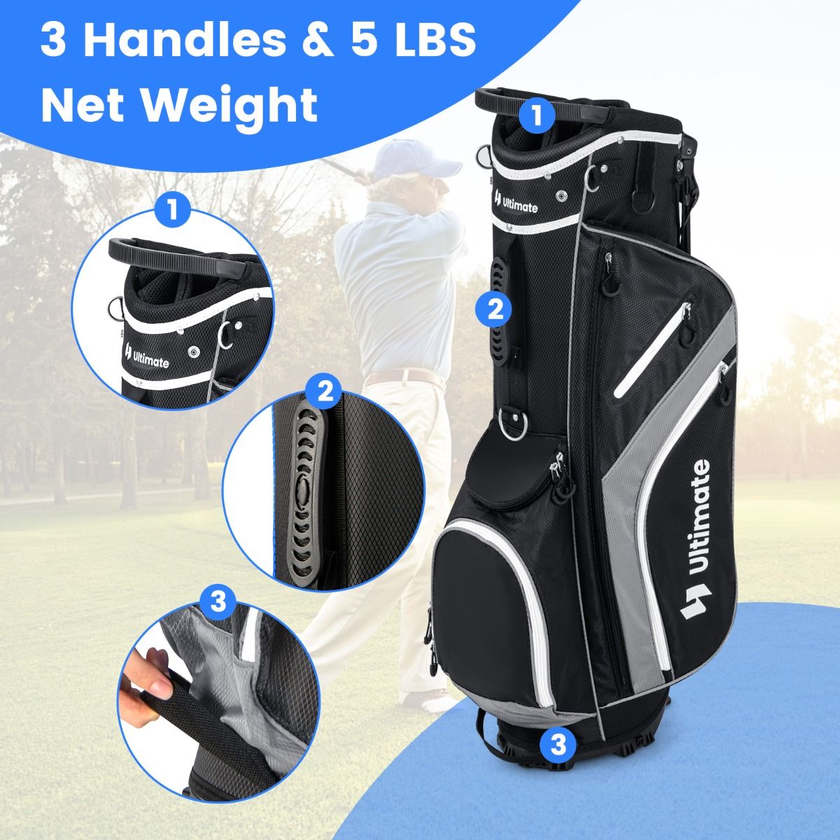 Coast Golftas 84x28x21 cm - 14-Voudige Indeling, 6 Vakken, Regenhoes & Poten - Lichtgewicht Draagtas - Grijs/Zwart