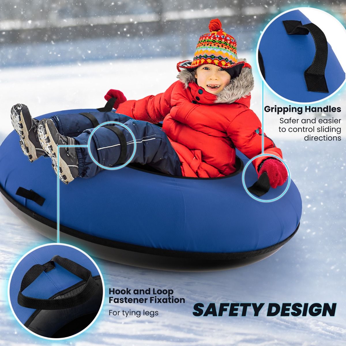 Coast 100 cm Opblaasbare Sneeuwslee Blauw – Duurzaam Oxford – Harde Bodem – Inclusief Zitkussen en Sleepriem