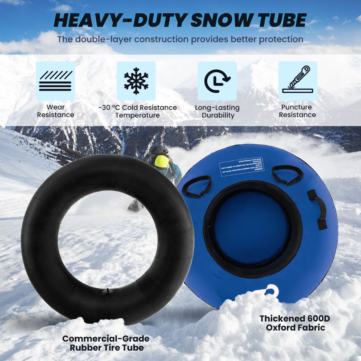 Coast 100 cm Opblaasbare Sneeuwslee Blauw – Duurzaam Oxford – Harde Bodem – Inclusief Zitkussen en Sleepriem