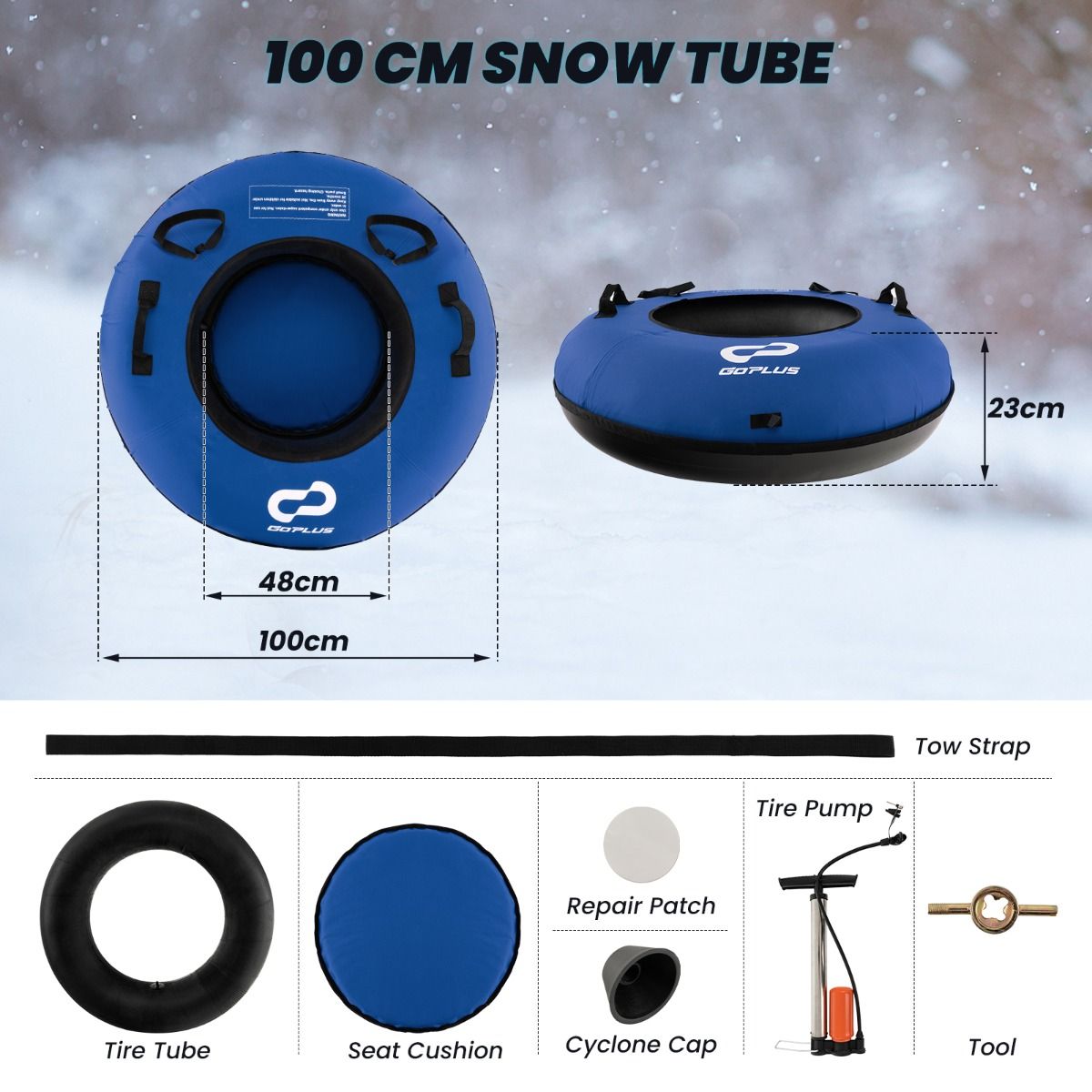 Coast 100 cm Opblaasbare Sneeuwslee Blauw – Duurzaam Oxford – Harde Bodem – Inclusief Zitkussen en Sleepriem