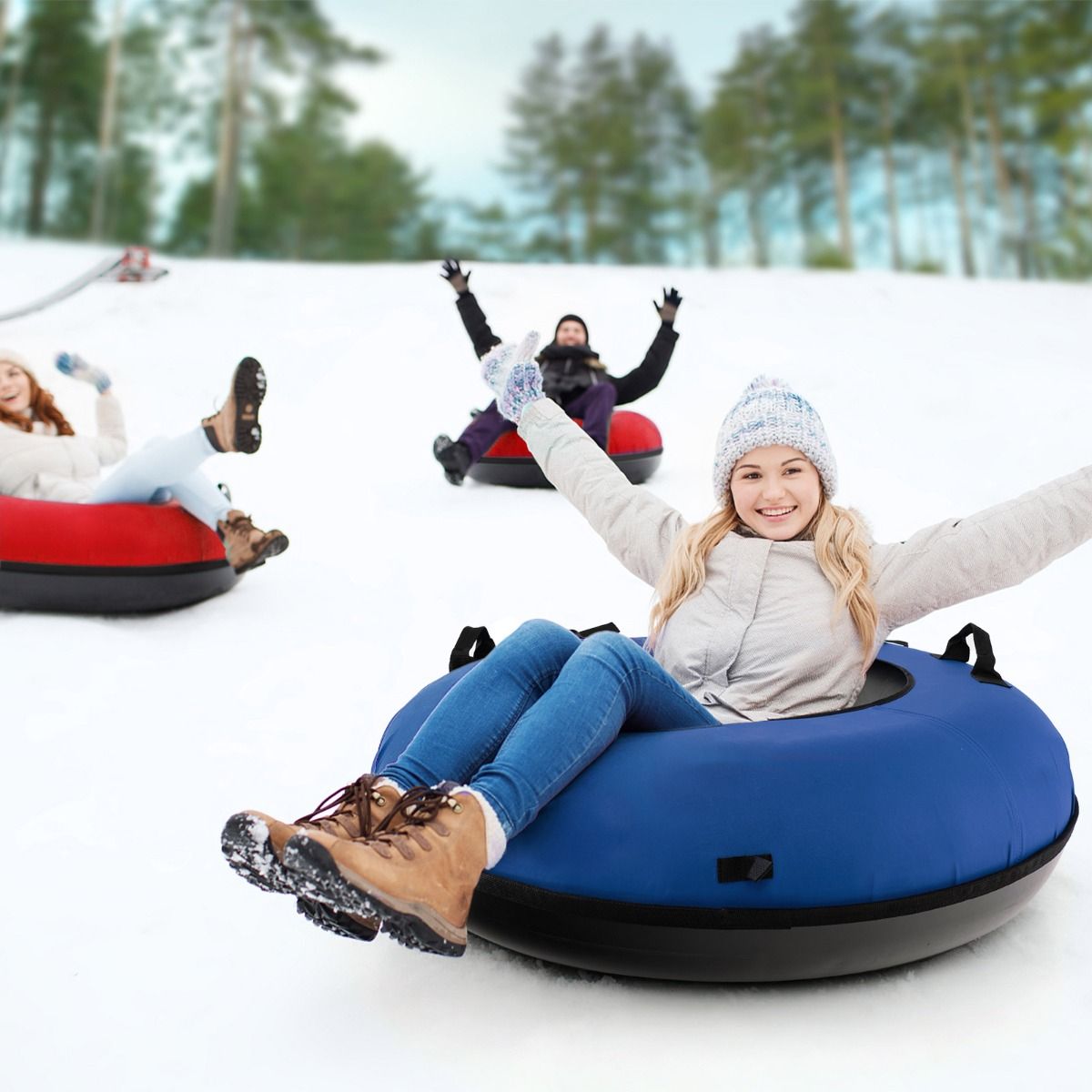 Coast 100 cm Opblaasbare Sneeuwslee Blauw – Duurzaam Oxford – Harde Bodem – Inclusief Zitkussen en Sleepriem