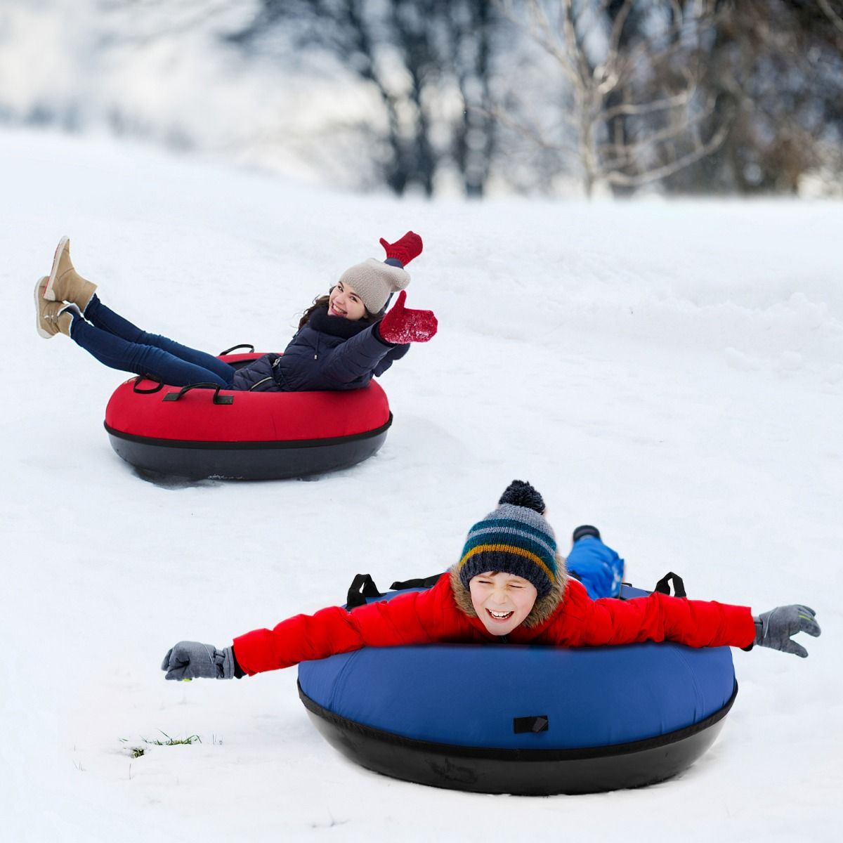 Coast 100 cm Opblaasbare Sneeuwslee Blauw – Duurzaam Oxford – Harde Bodem – Inclusief Zitkussen en Sleepriem