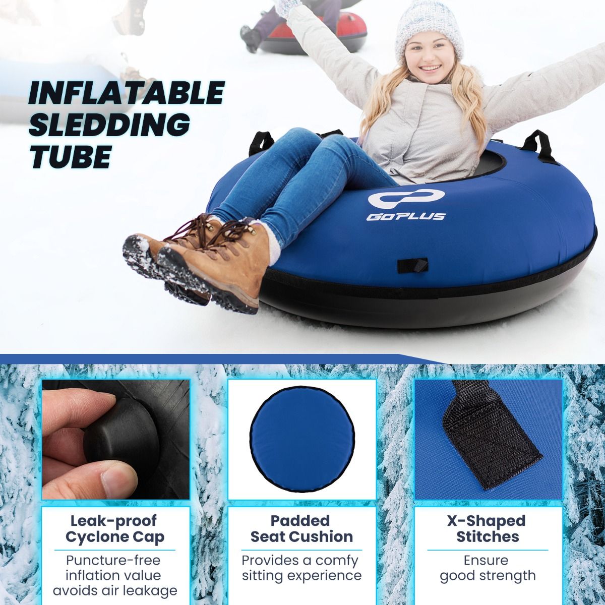 Coast 100 cm Opblaasbare Sneeuwslee Blauw – Duurzaam Oxford – Harde Bodem – Inclusief Zitkussen en Sleepriem