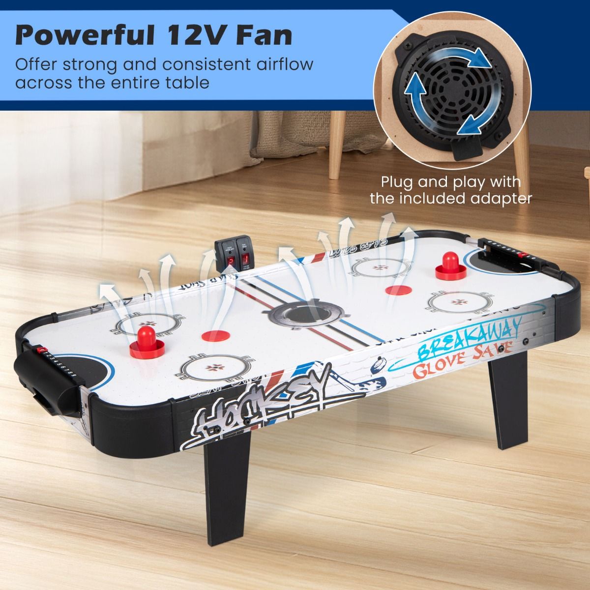 Coast Airhockey Speltafel - Met Elektronische LED - Score Teller - 2 Pucks 2 Pushers 2 Doeldozen - 42 Inch - Wit/Zwart