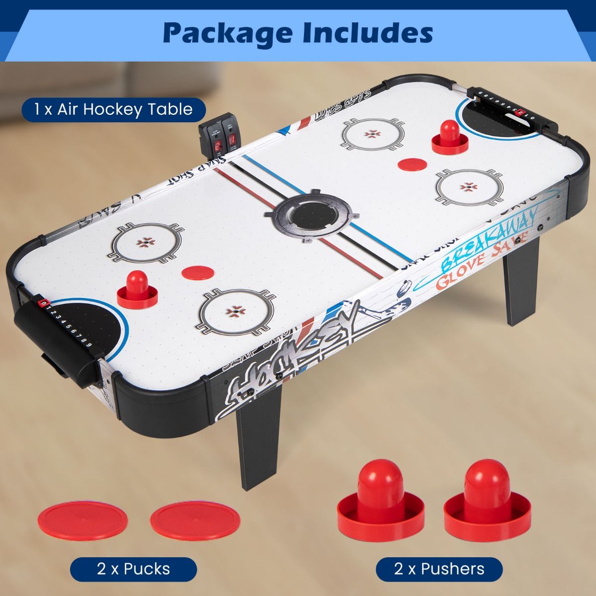 Coast Airhockey Speltafel - Met Elektronische LED - Score Teller - 2 Pucks 2 Pushers 2 Doeldozen - 42 Inch - Wit/Zwart