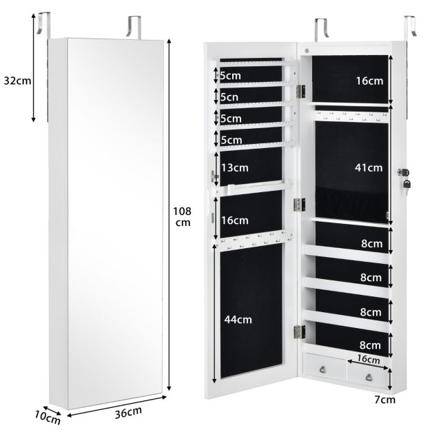 Coast Mirrored Jewelry Cabinet Sluitbare wand / deurmontage 36 x 10 x 108 cm wit
