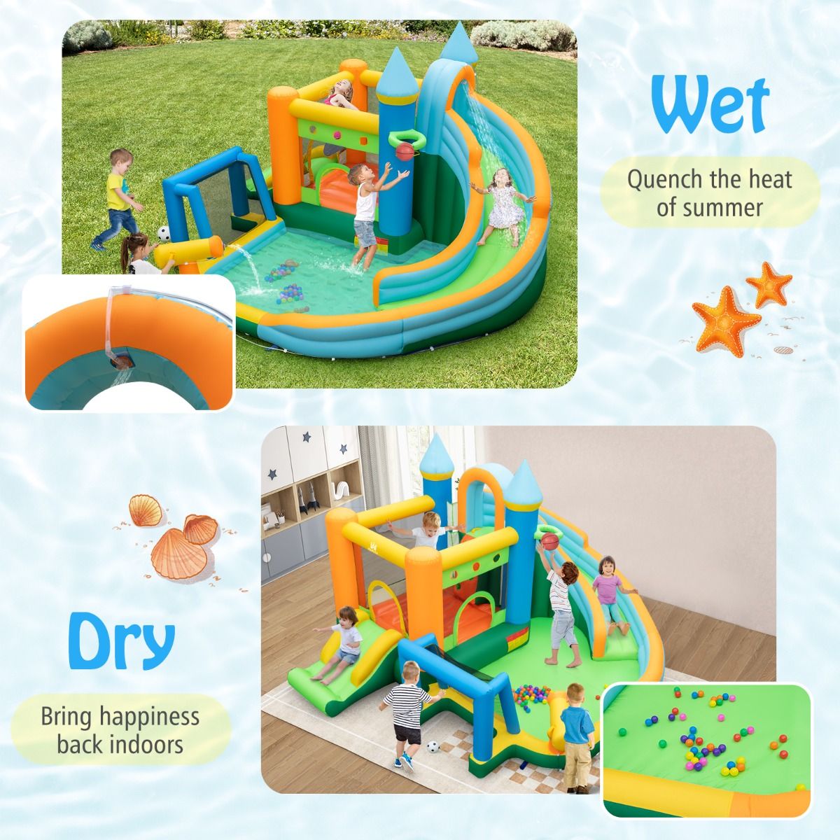 Coast Opblaasbaar Waterpark Springkasteel - 2 Glijbanen, Klimwand, Waterwerper, Max. 90 kg - 463 x 395 x 251 cm - Oxford/PVC - Veelkleurig